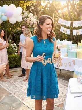 London Fog teal lace Midi Dress EUC